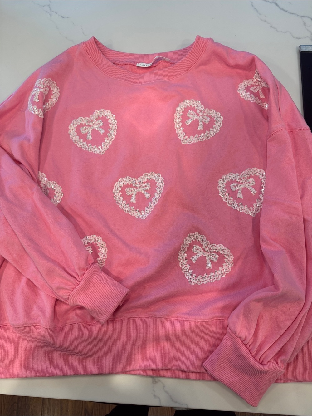 Altar'd State Pink Heart Lace Bow Pullover - Picture 2 of 4